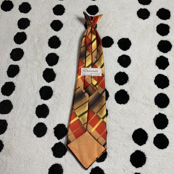 Vintage 70s Chavant Polyester Clip On Tie Gold Mod Disco Retro Wide Necktie - Picture 4 of 8